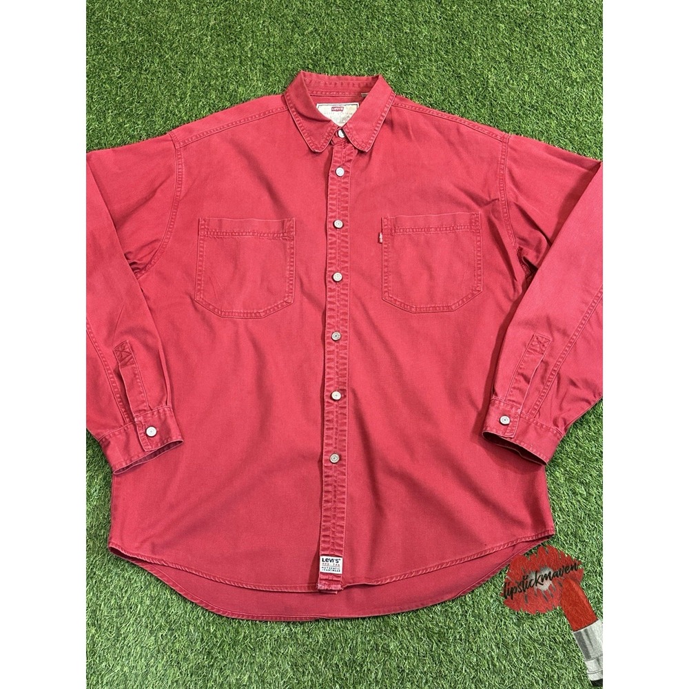 Vintage Levi's Button Up Shirt Mens Large Red 100% Cotton Casual Hong Kong 80s
